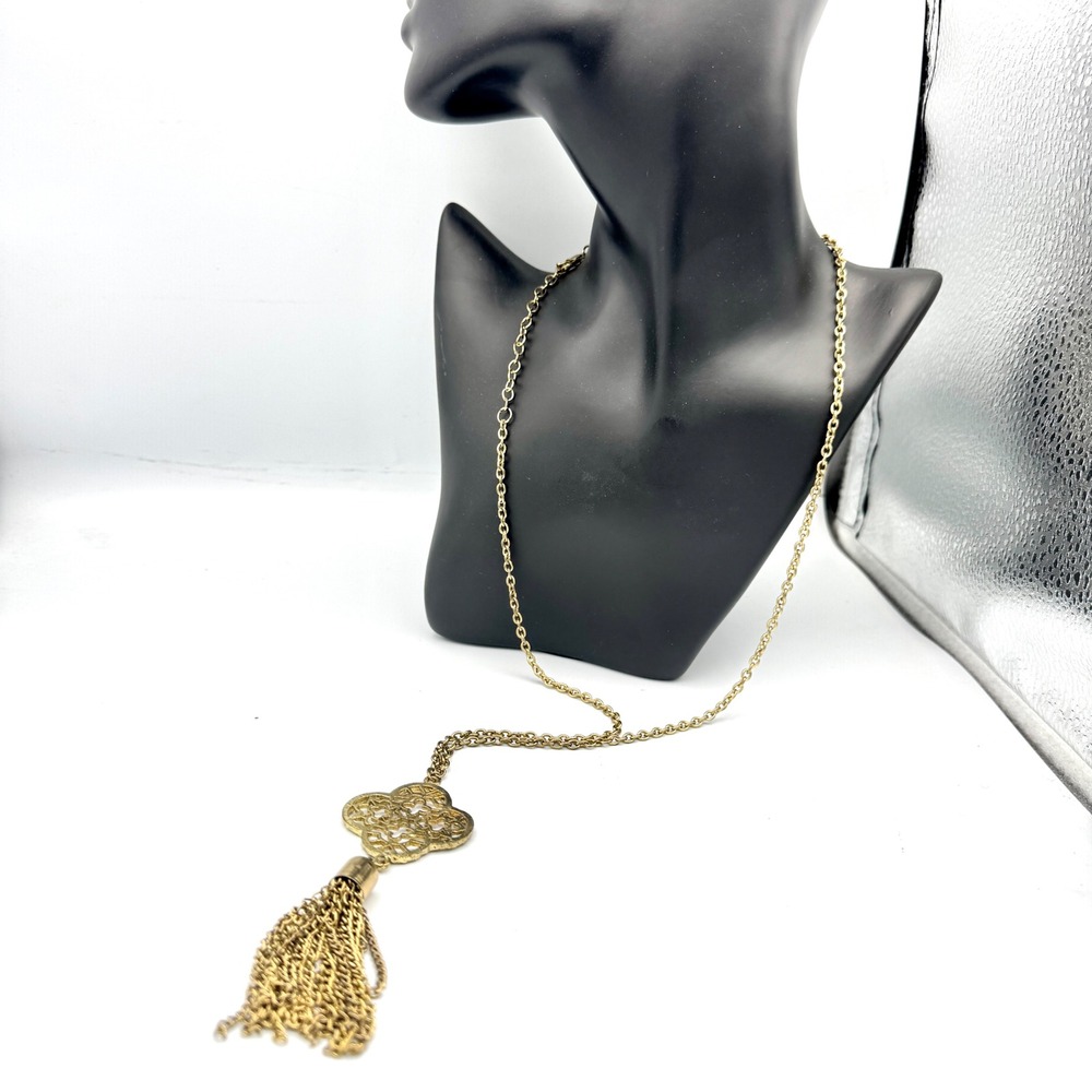 Gold Tone Tassel Long Chain Necklace Filigree Quatrefoil Boho Statement 28 Inch